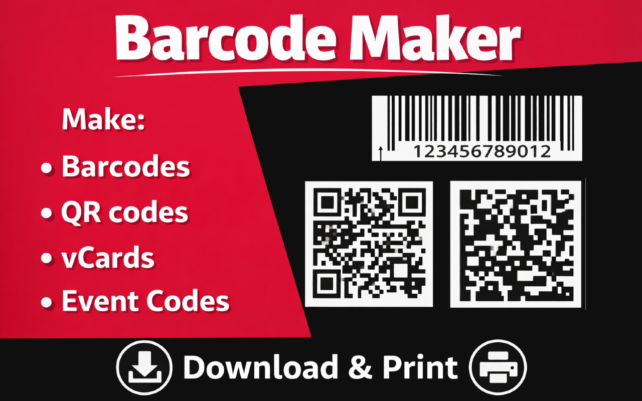 Barcode Maker banner: barcodes, QR codes, vCards, event codes